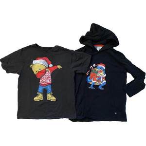 2 Boys Black Shirts Christmas Themed One Long Slv Hooded Tee & One SS T-Shirt.